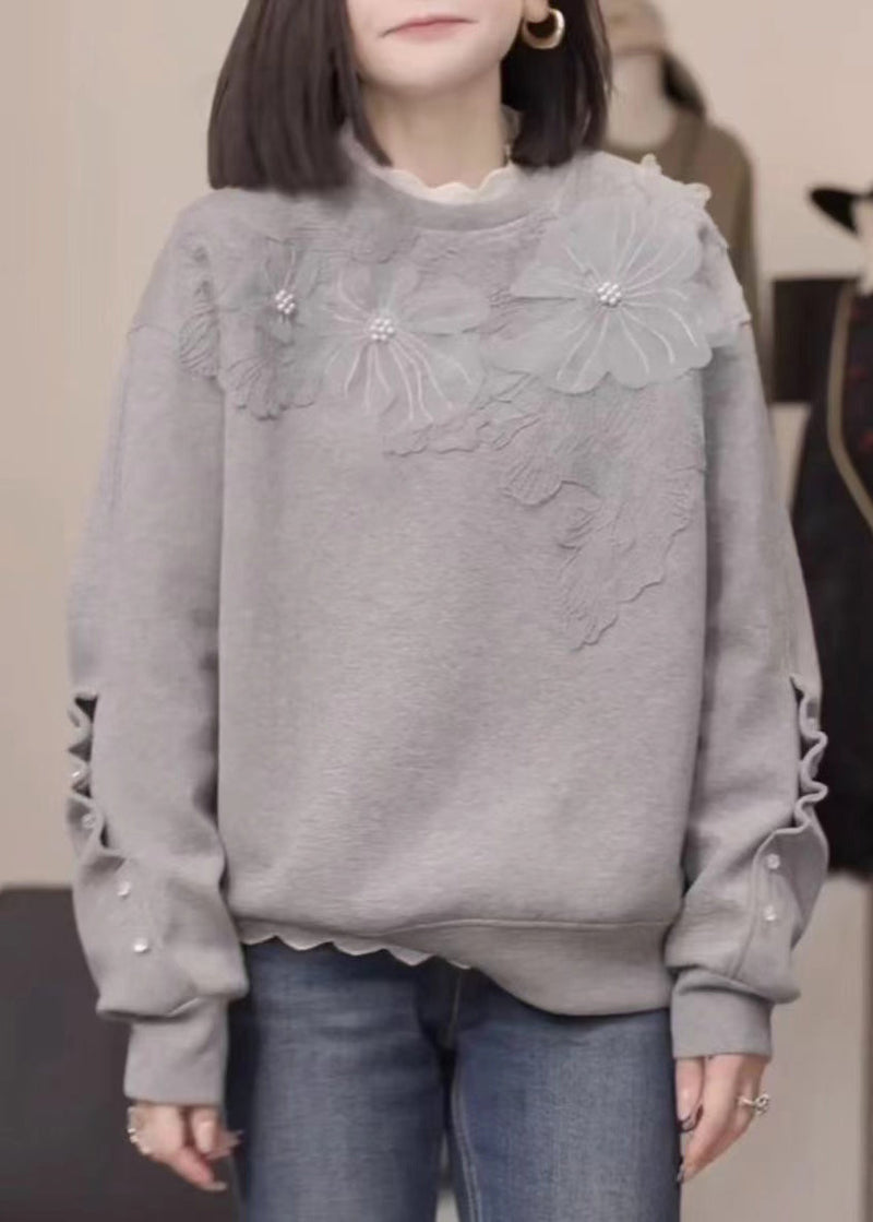 Grey Nail Bead Loose Cotton Sweatshirt Fall