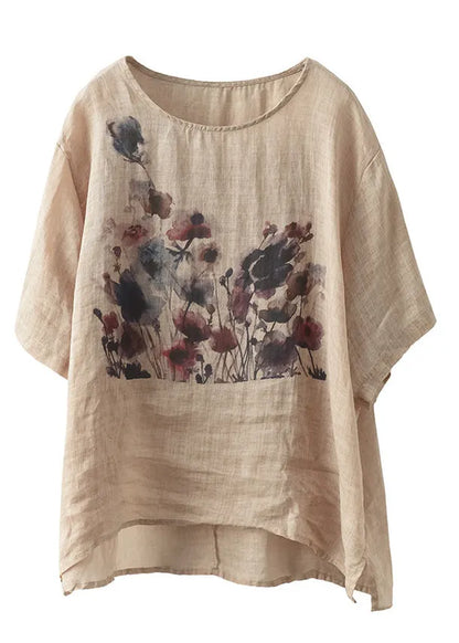 Handmade White Print Ramie T Shirt Short Sleeve