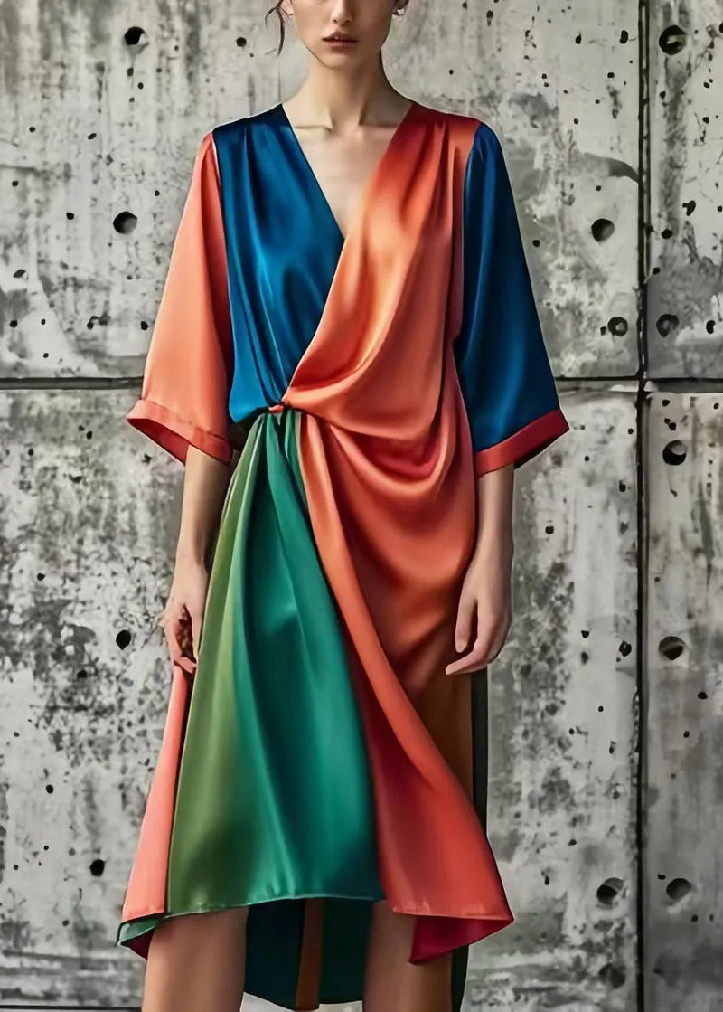 Brick Red Asymmetrical Patchwork Silk Holiday Dress Summer