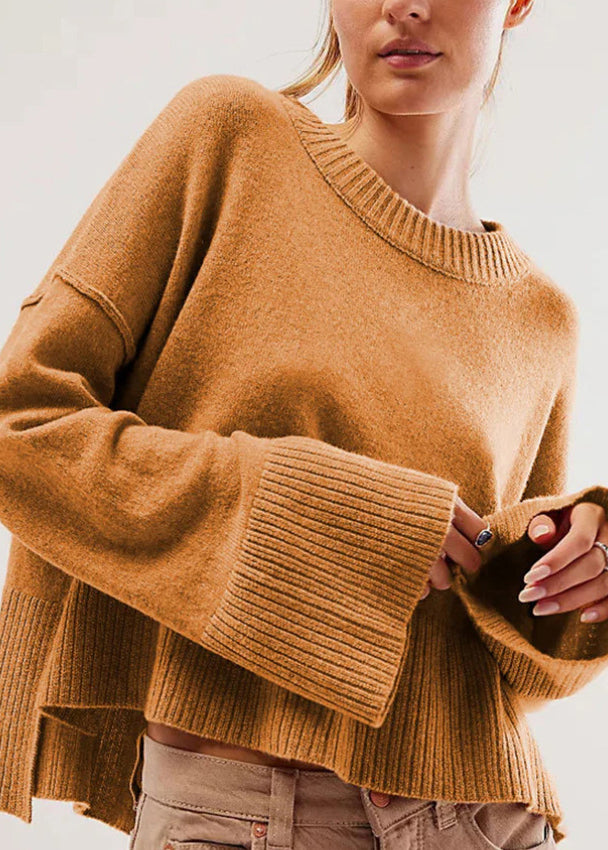 Brown O Neck Knit Short Sweaters Flare Sleeve