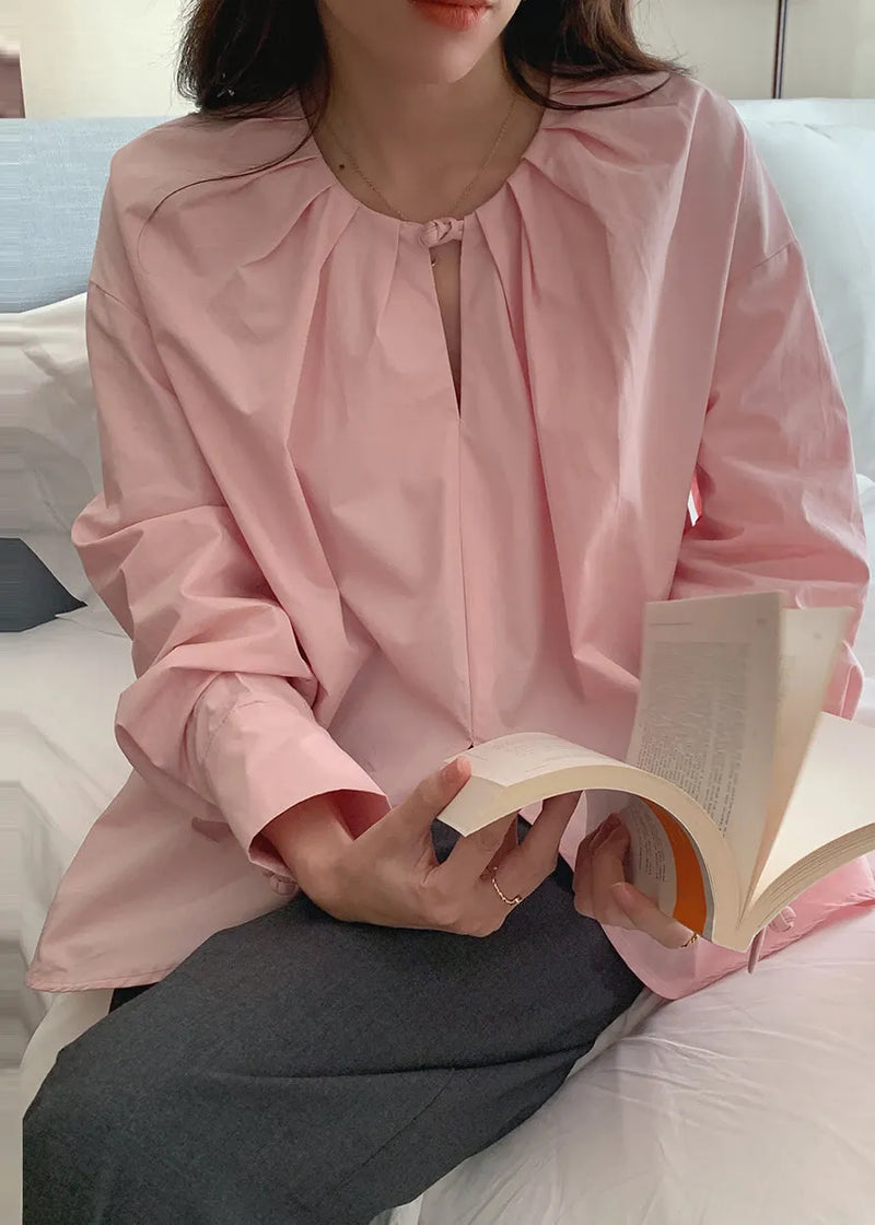 Pink O-neck Chinese Button Cotton Shirt Top Spring