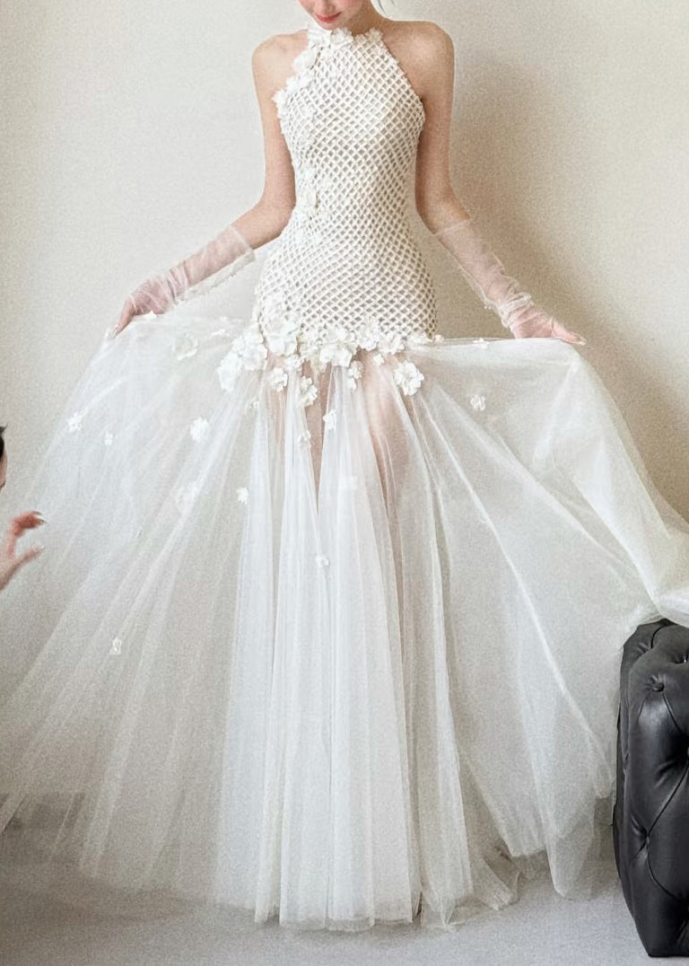 White Hollow Out Tulle Patchwork Party Dress Sleeveless