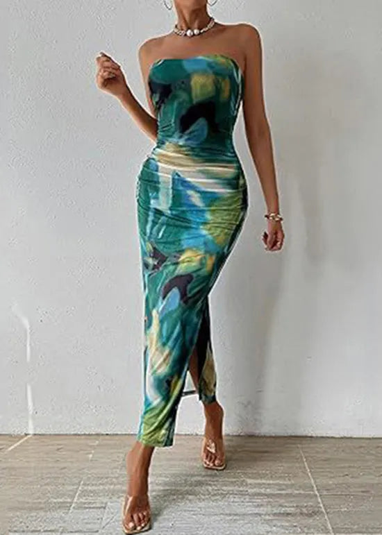 Slim Fit Pink Print Side Open Cotton Strapless Dresses Summer
