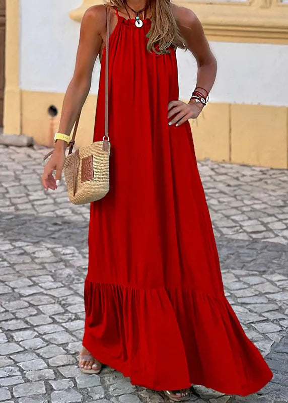 Red Ruffled Cotton Maxi Dress Sleeveless