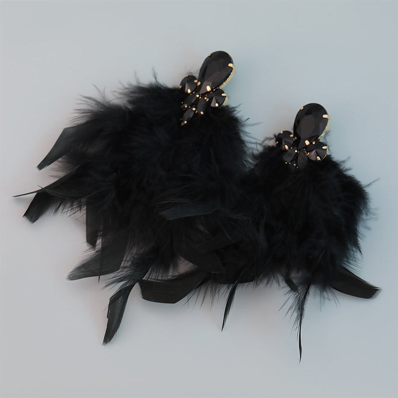 Alloy Inlaid Tassel Long Feather Earrings
