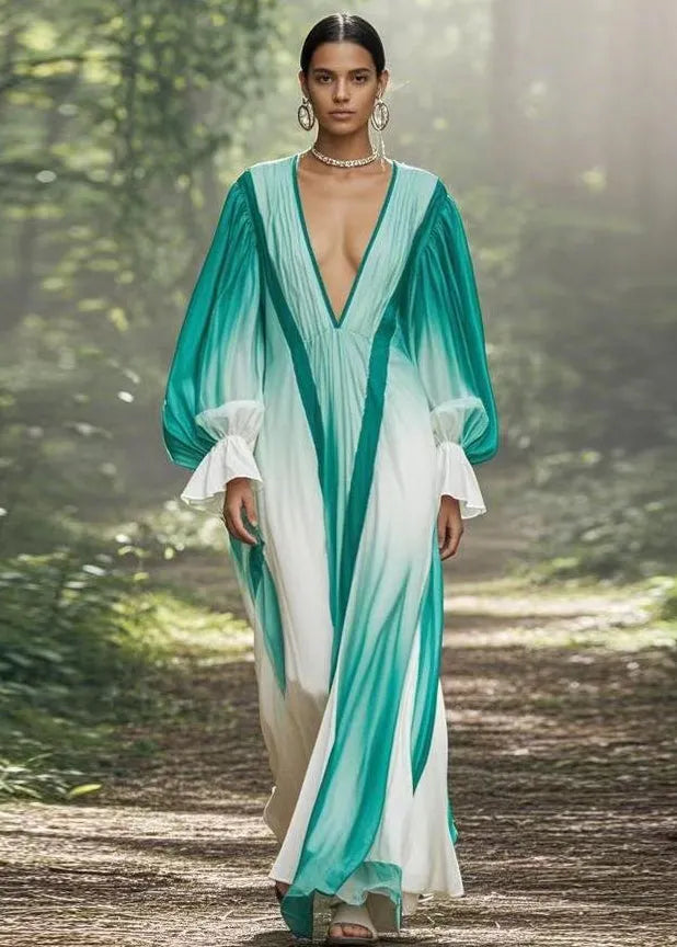 Gradient Color V Neck Original Design Chiffon Long Dresses Flare Sleeve