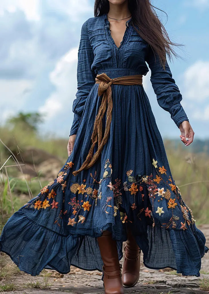 Pastoral Blue Print Wrinkled Patchwork Cotton Ankle Dress Spring