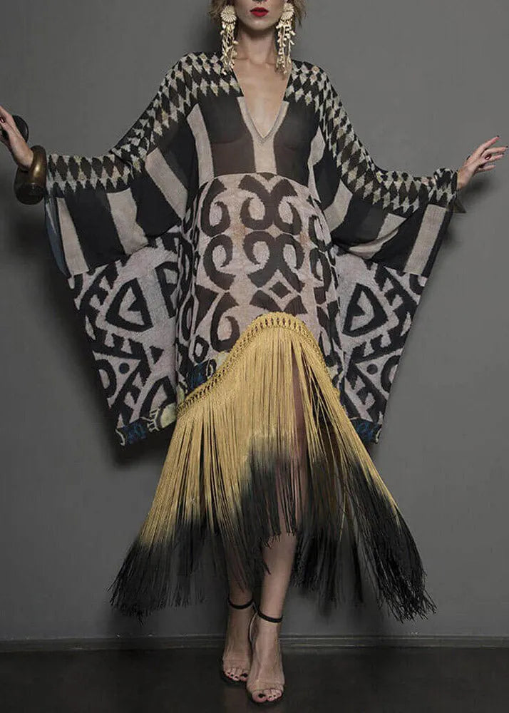 Novelty White V Neck Asymmetrical Print Tassel Patchwork Long Dress Long Sleeve