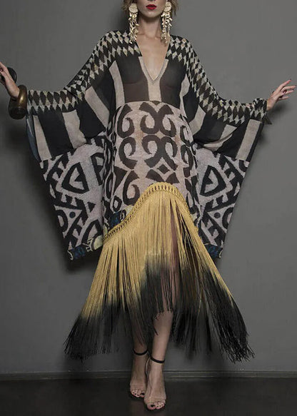 Novelty White V Neck Asymmetrical Print Tassel Patchwork Long Dress Long Sleeve