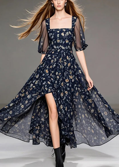 Black Print Chiffon Vacation Dresses Square Collar Side Open Summer