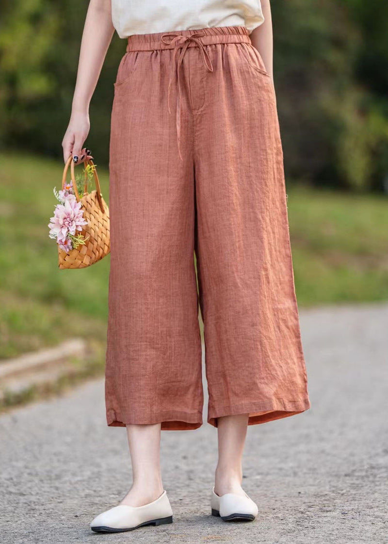 Orange Elastic Waist Linen Crop Pants Summer
