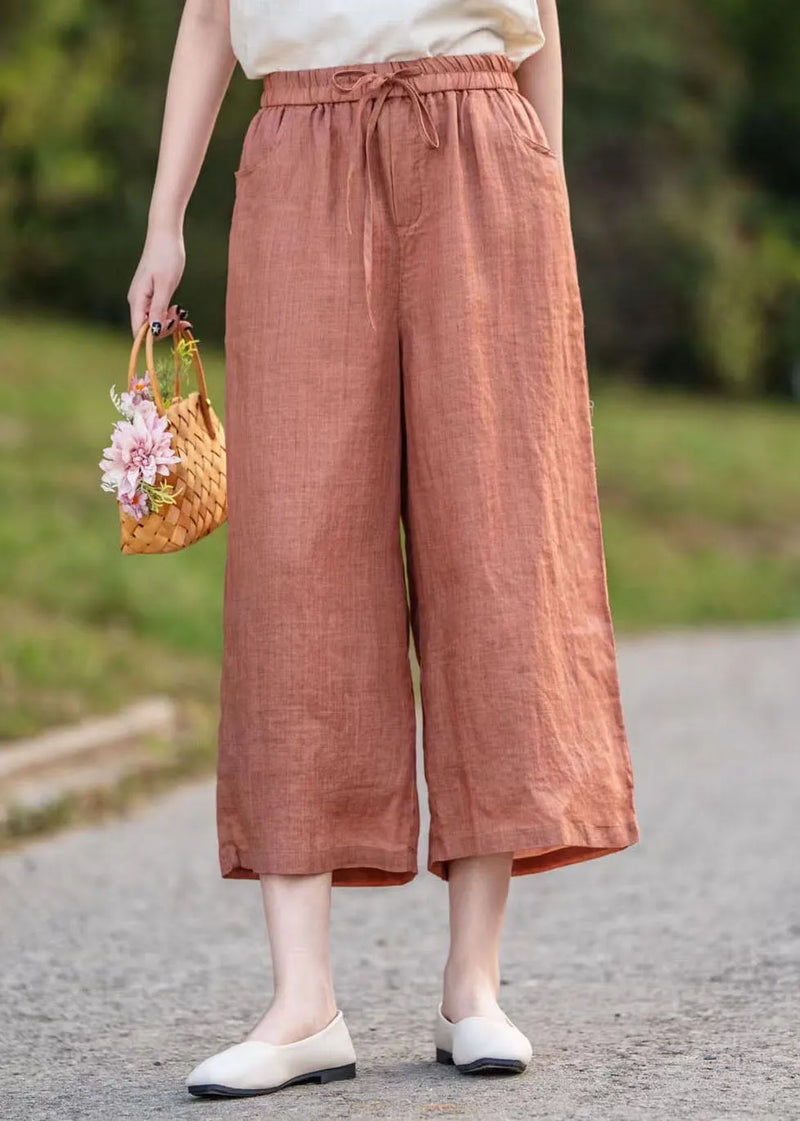 Orange Elastic Waist Linen Crop Pants Summer