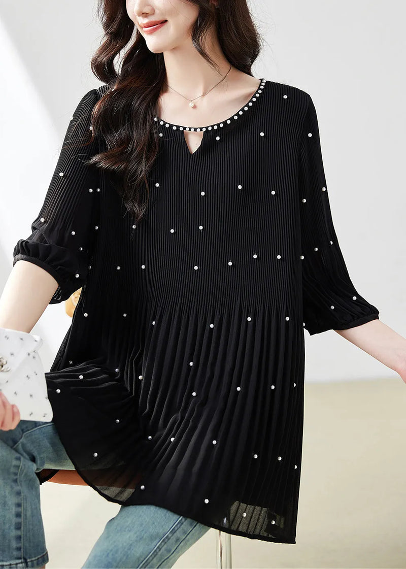 Loose Black O-neck Nail Bead Chiffon T Shirt Summer