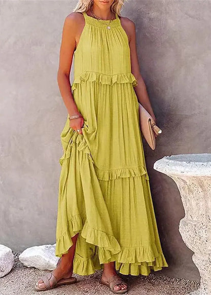 Navy Ruffled Patchwork Cotton Long Dresses Sleeveless