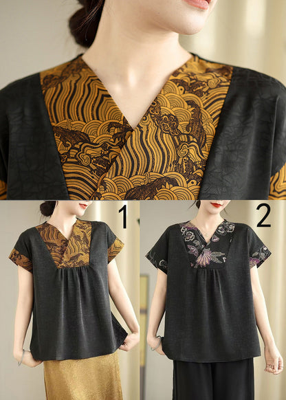 Black V Neck Patchwork Silk Shirt Tops Summer
