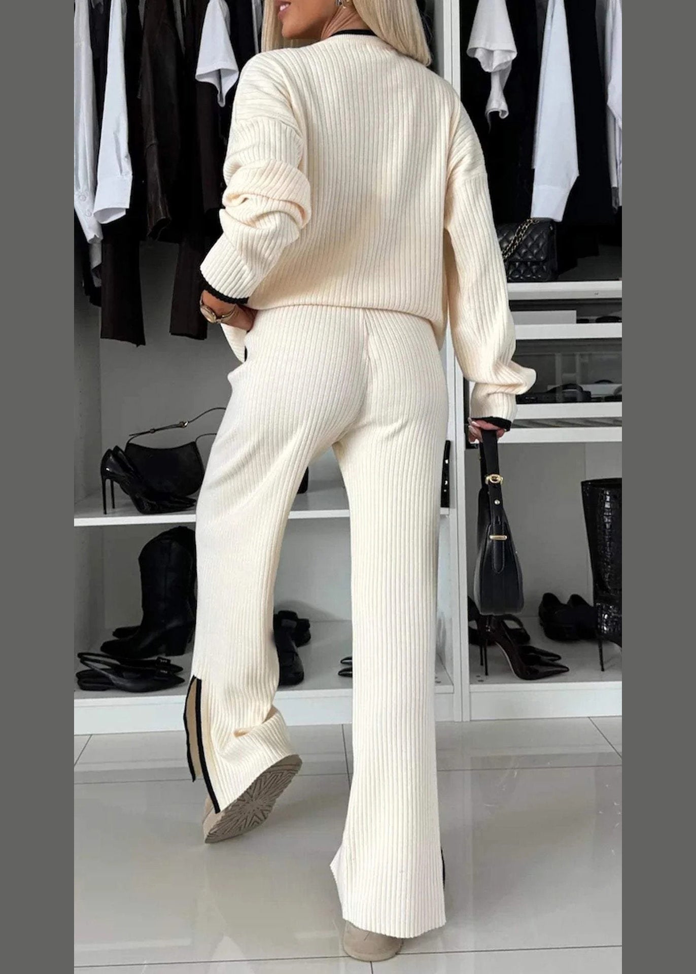 White O Neck Pockets Patchwork Knit Two Pieces Set Spring