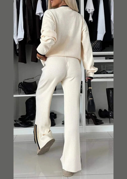 White O Neck Pockets Patchwork Knit Two Pieces Set Spring