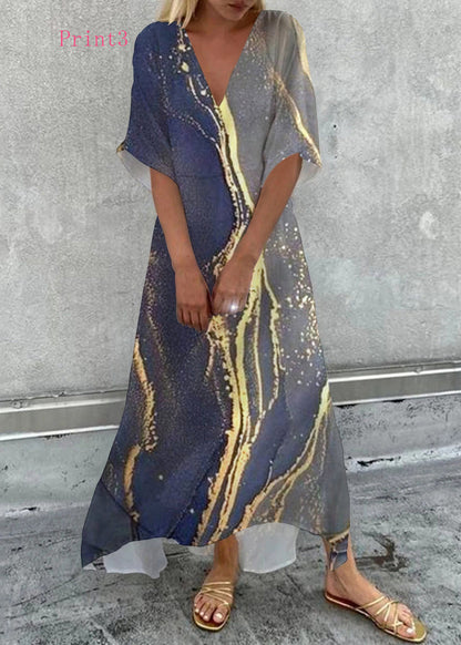 V Neck Print Loose Cotton Maxi Dress Summer
