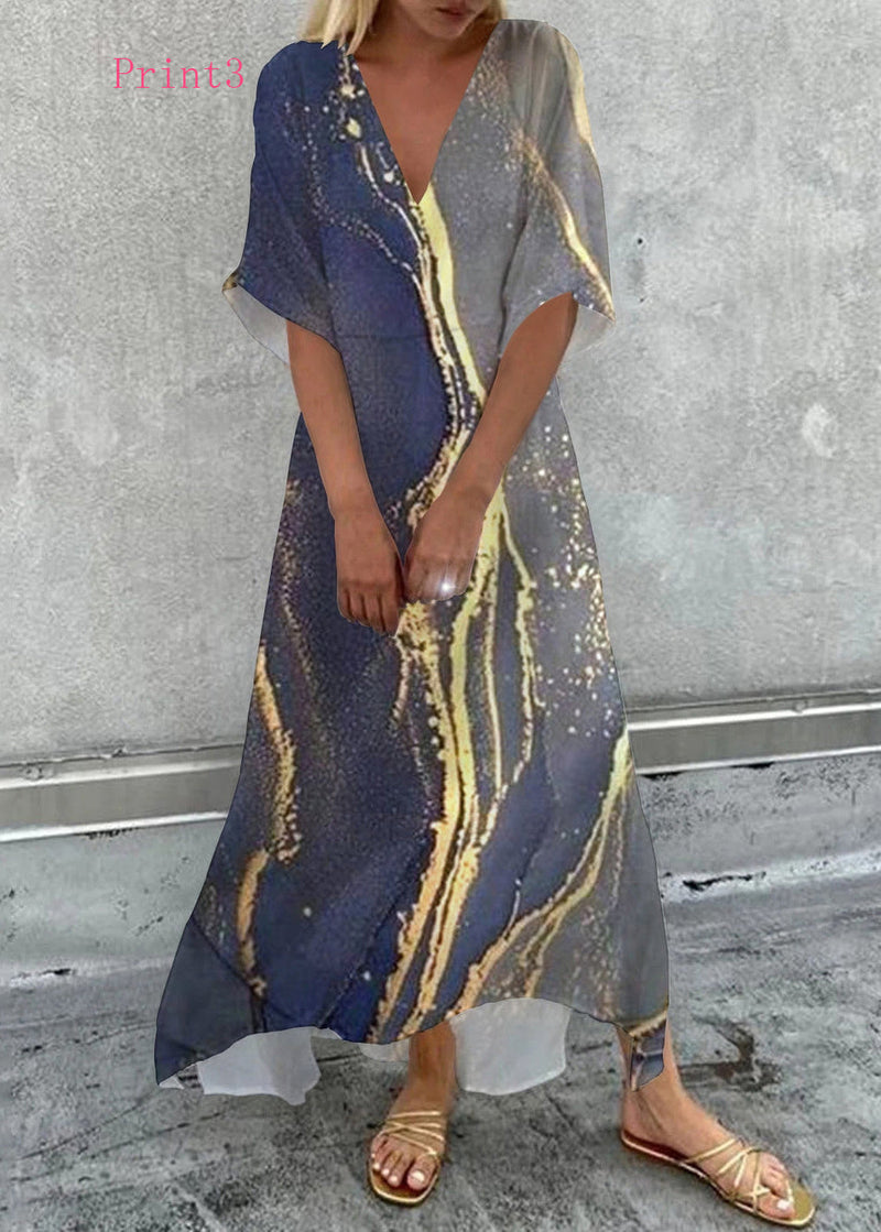 V Neck Print Loose Cotton Maxi Dress Summer