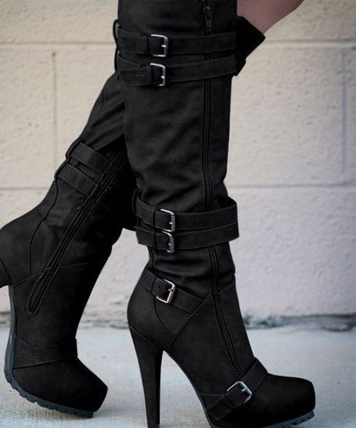 Faux Leather Apricot Zippered Buckle Strap Splicing Boots