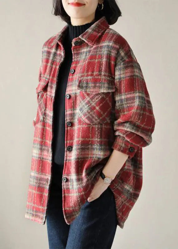 Red Peter Pan Collar Plaid Cotton Shirt Tops Spring