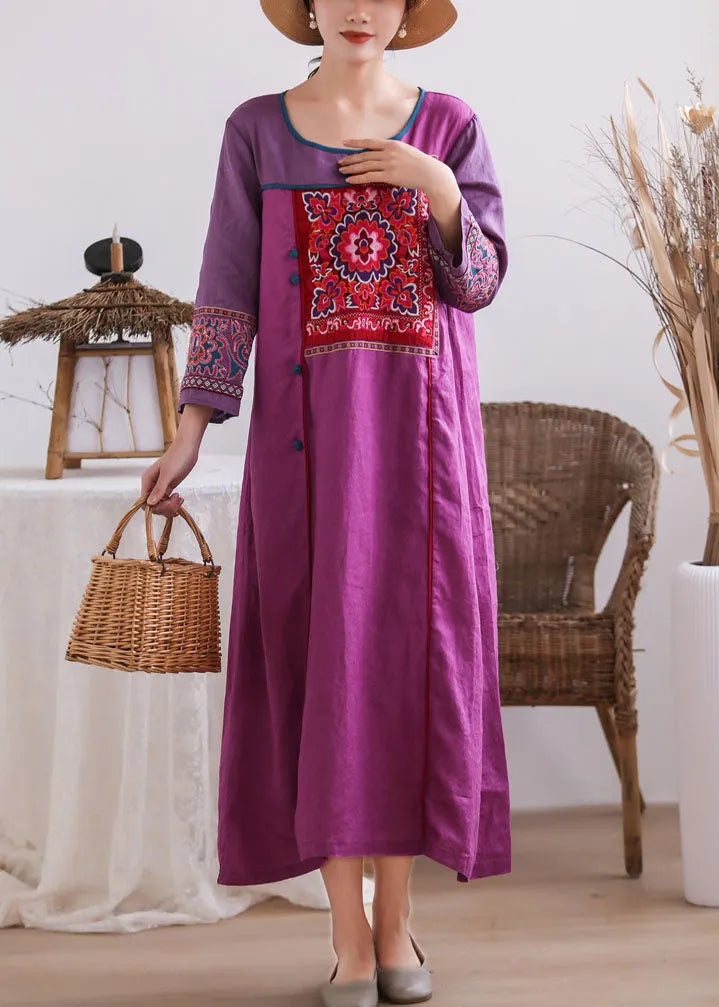 Purple Embroidered Chinese Button Patchwork Linen Long Dresses Summer