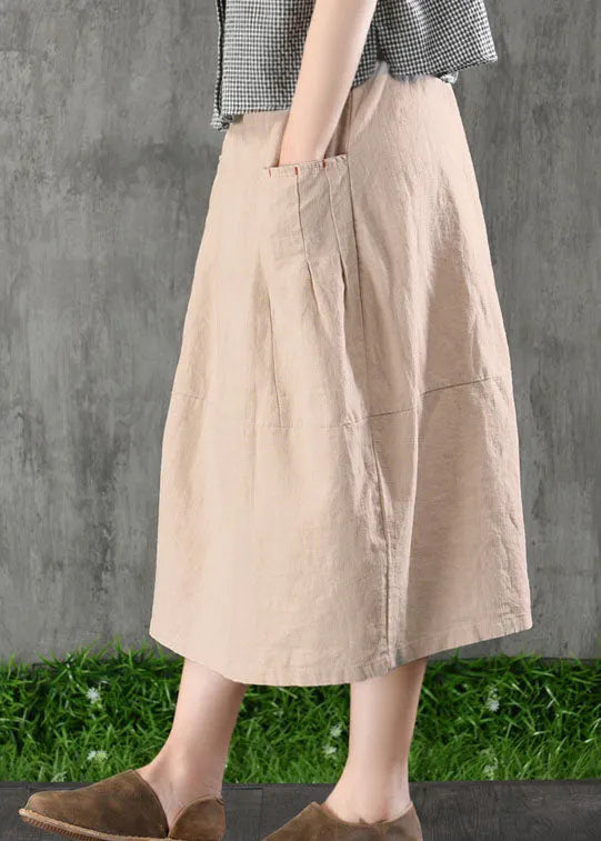 Khaki Elastic Waist Pockets Cotton Linen a Line Skirt Spring