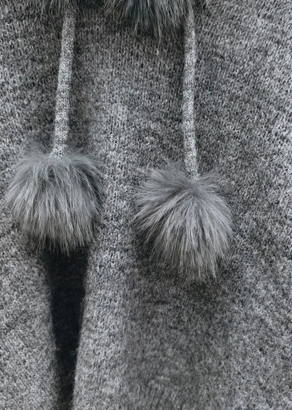 Classy Grey Fuzzy Ball Decorated Thick Hooded Cotton Knit Sweaters Winter