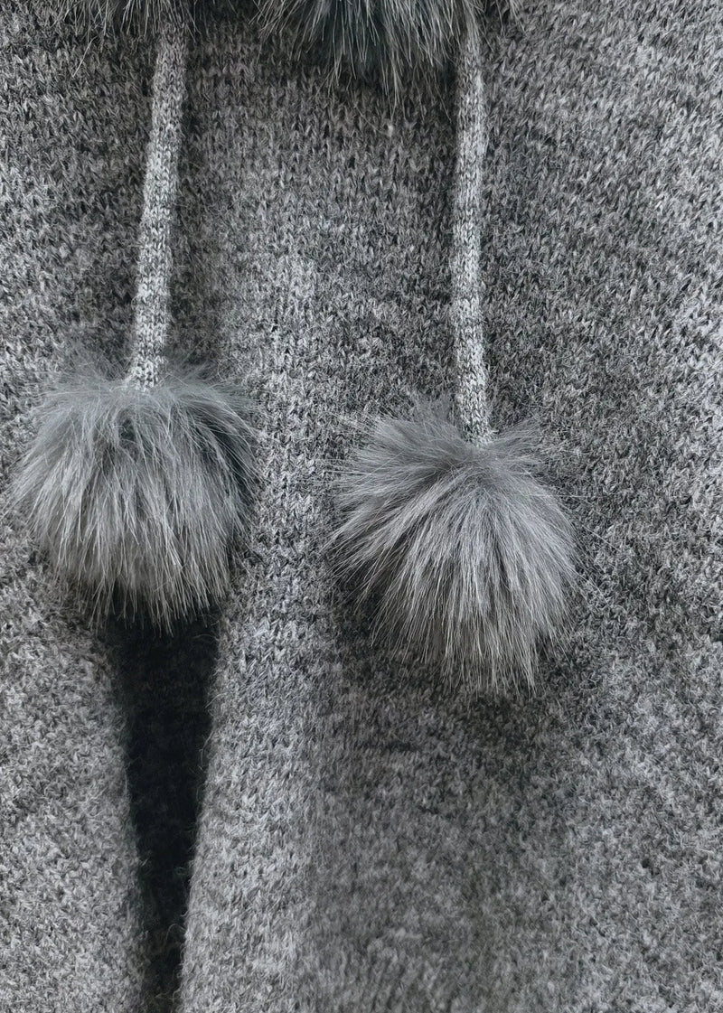 Classy Grey Fuzzy Ball Decorated Thick Hooded Cotton Knit Sweaters Winter