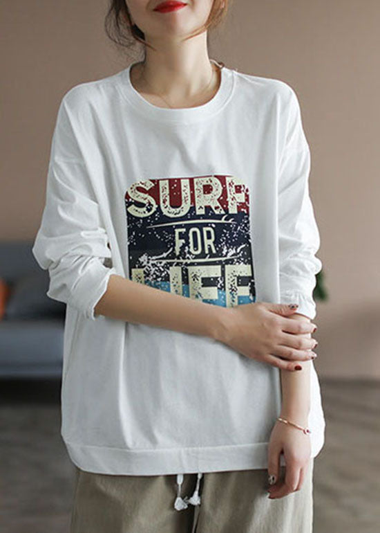 Italian White O-neck Print Cotton Sweatshirt Long Sleeve