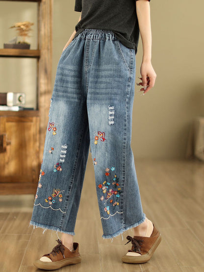 Summer Retro Embroidery Frayed Straight Denim Pants