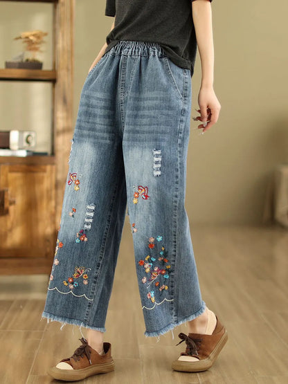 Summer Retro Embroidery Frayed Straight Denim Pants