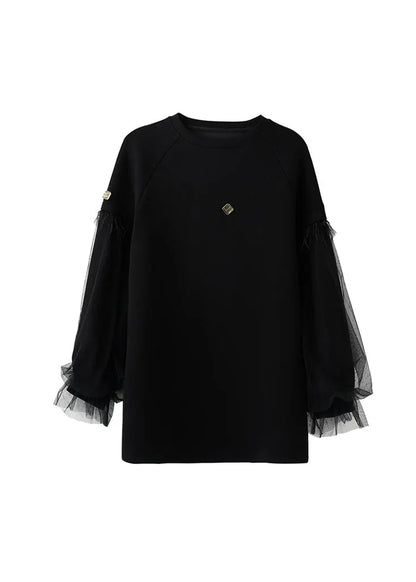 Black O Neck Tulle Patchwork Cotton Sweatshirts Top Fall