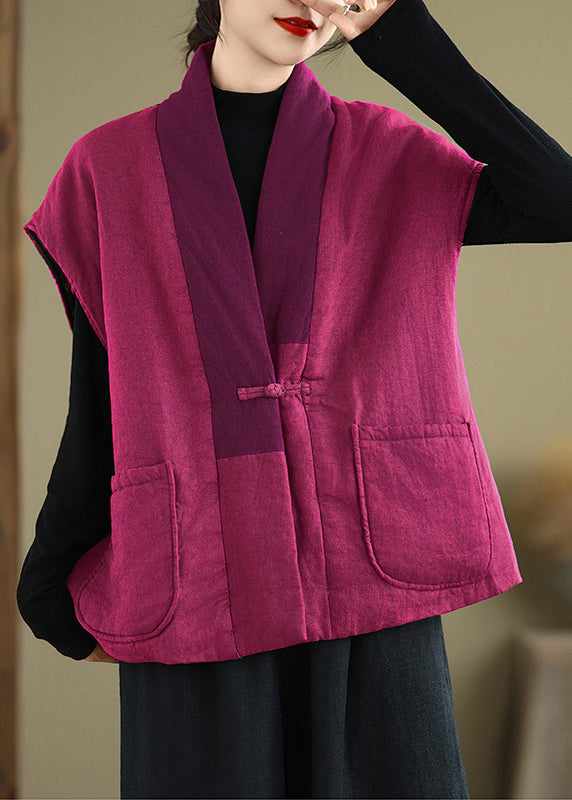 Rose V Neck Pockets Patchwork Fine Cotton Filled Vest Sleeveless