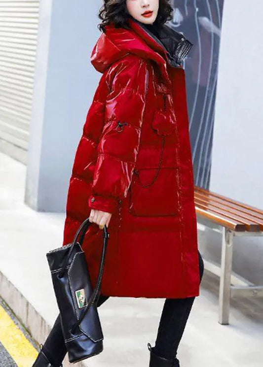 Red Stand Collar Zippered Patchwork Bright Hooded Long Fine Cotton Filled Coats Winter