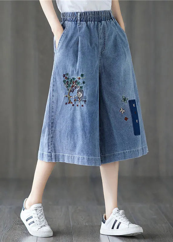 Denim Blue Elastic Waist Embroidered Cotton Wide Leg Pants Summer