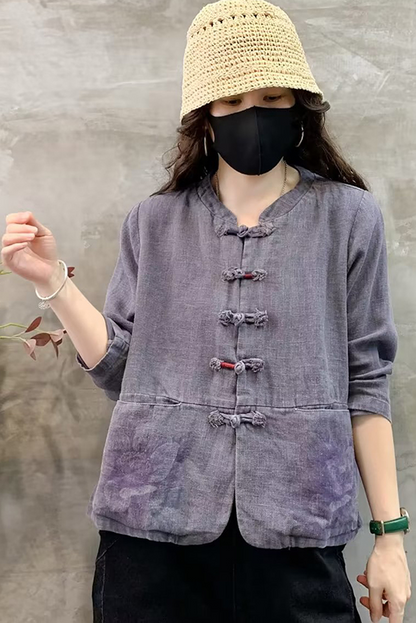 Fall New Button Down Cropped Cardigan Linen Print Coat
