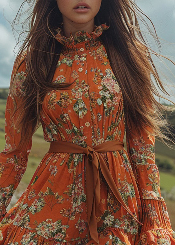New Orange Ruffled Print Cotton Short Dress Long Sleeve