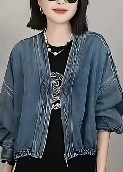Blue V Neck Zip Up Patchwork Denim Jacket Fall