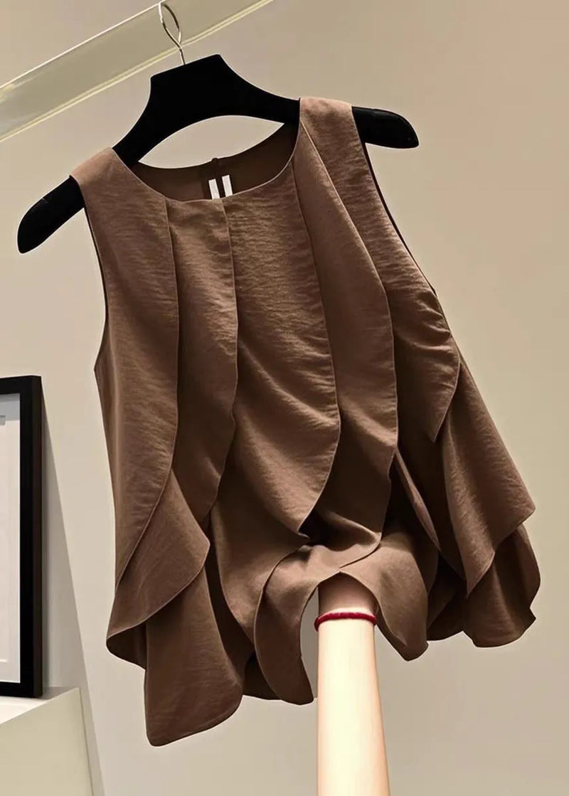 Brown O-neck Ruffled Patchwork T Shirts Summer