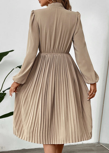 New Apricot Bow Long Sleeved Pleated Dress