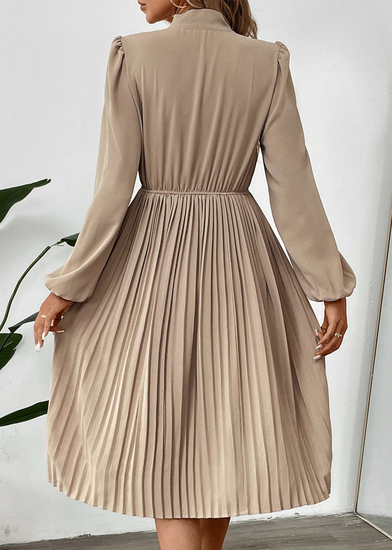 New Apricot Bow Long Sleeved Pleated Dress