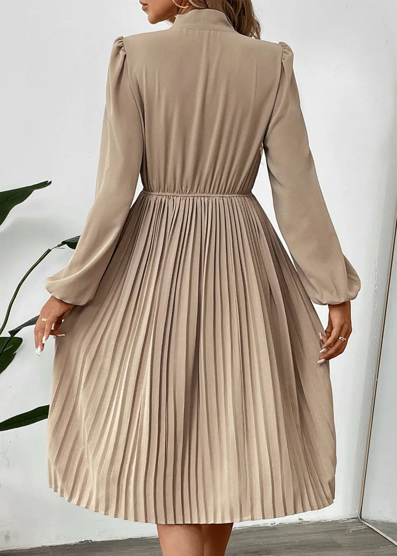 New Apricot Bow Long Sleeved Pleated Dress