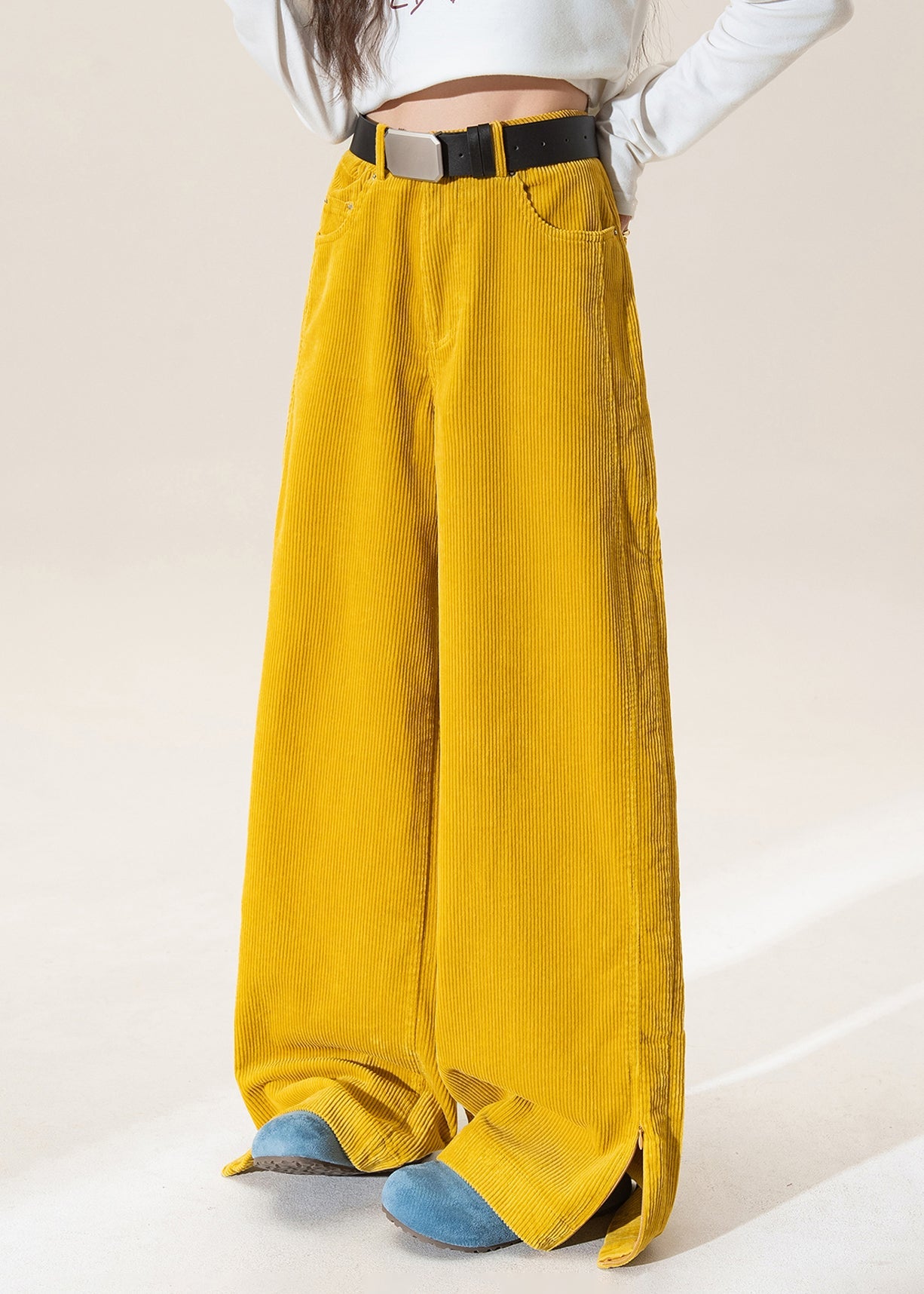 Yellow High Waist Pockets Corduroy Straight Pants Winter