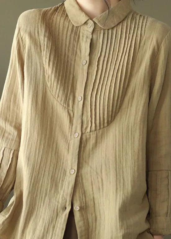 Khaki Peter Pan Collar Wrinkled Cotton Shirt Spring