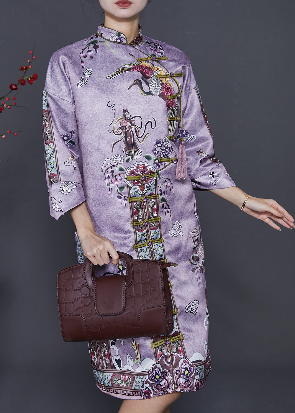 Purple Tasseled Print Silk Cheongsam Dresses Summer