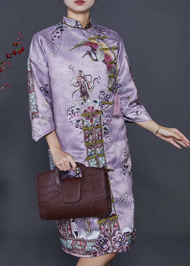 Purple Tasseled Print Silk Cheongsam Dresses Summer