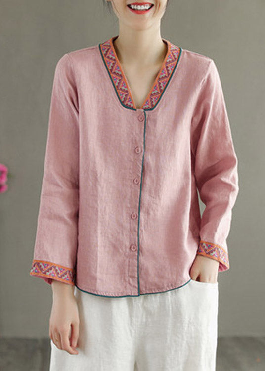 Blue V Neck Embroidered Button Linen Shirt Long Sleeve