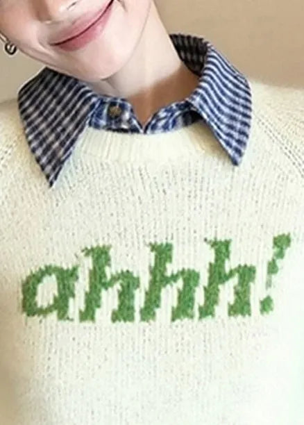 Diy Beige Letter Patchwork Knitted Fake Two Piece Sweater Winter
