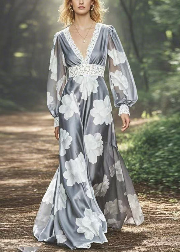 Grey V Neck Print Patchwork Silk Long Dresses Spring